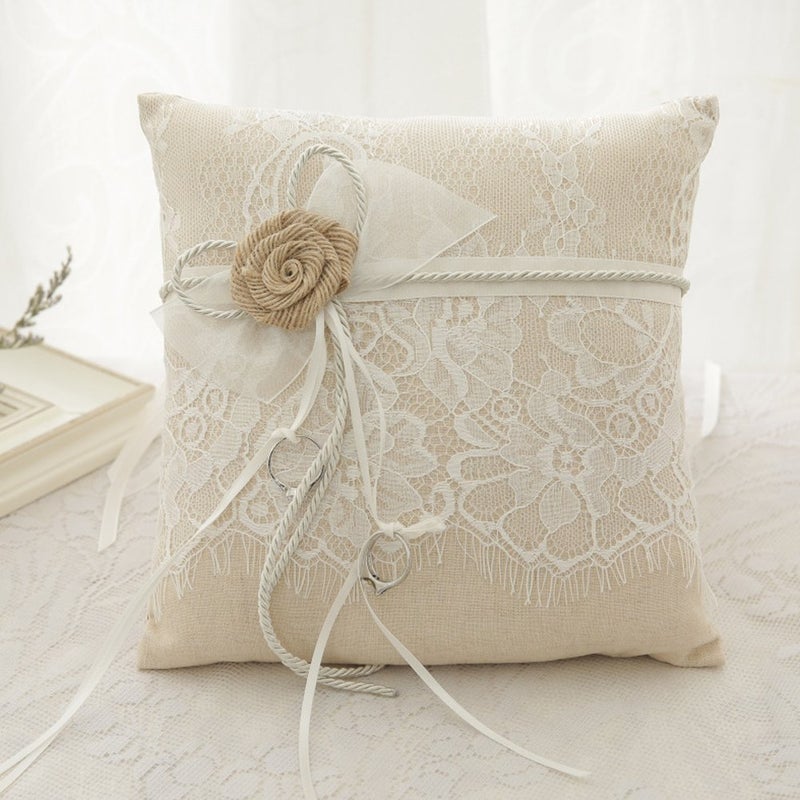 RIMOBUL Wedding Ring Pillow, Bearer Pillow Lace & Flower Ring Cushion for Beach Wedding Party Ceremony 8.2" x 8.2" - Ivory - Image 4